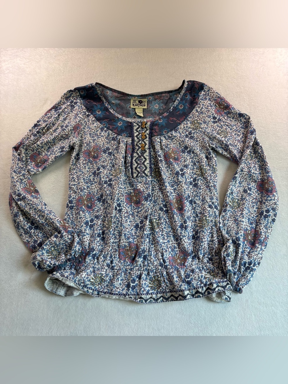 Lucky Brand Blue Floral Peasant Top with Navy Yoke